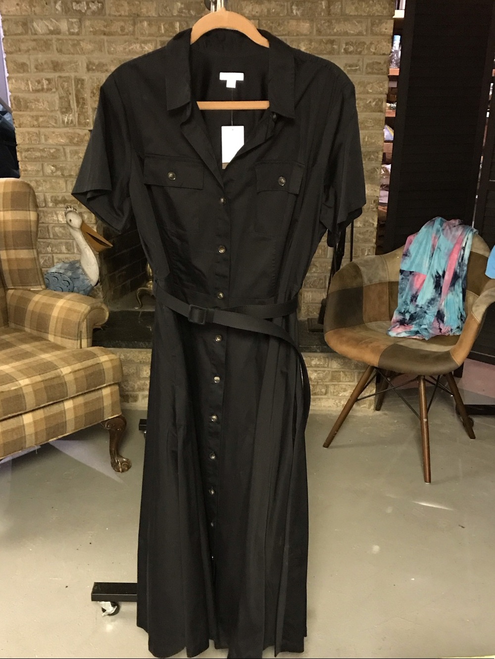 J. Jill Black Button-Front Midi Shirt Dress with Belt